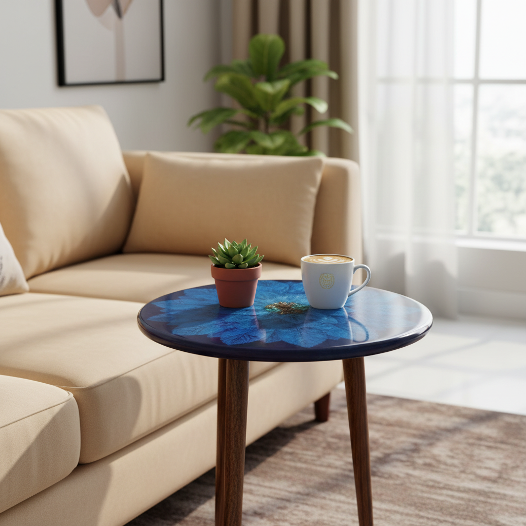Wooden Round Side Table in elegant living room setting